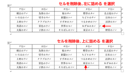 セルの削除　左詰めパターンと上詰めパターン