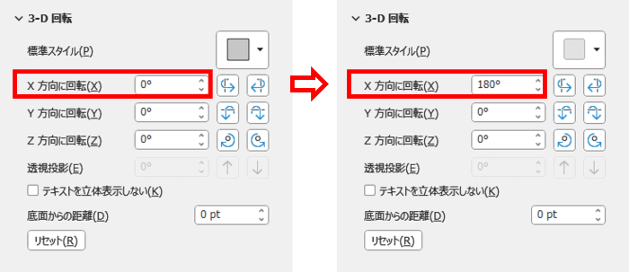 X方向に回転の数値を180度に変更