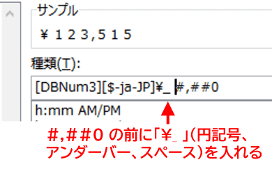 円記号、アンダーバー、スペースの入力例