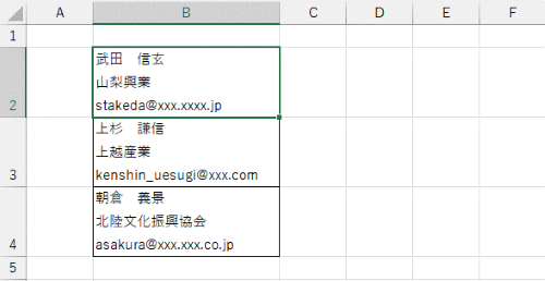 セル内に複数の情報が入ったリストの例