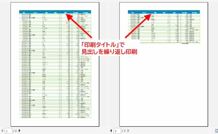 印刷タイトル設定例