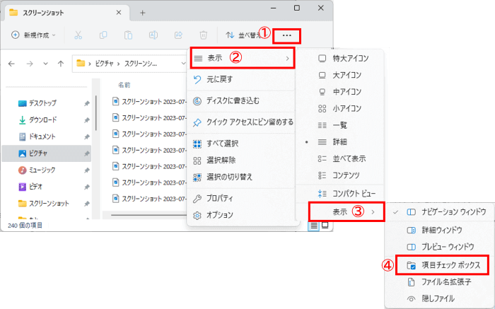 Windows11 エクスプローラー 項目チェックボックス