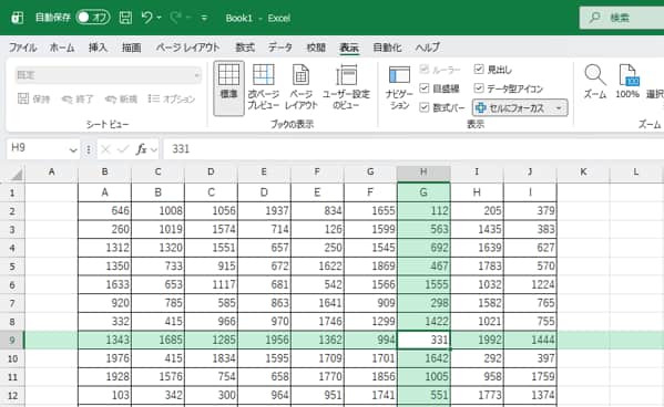 セルにフォーカス オンの状態